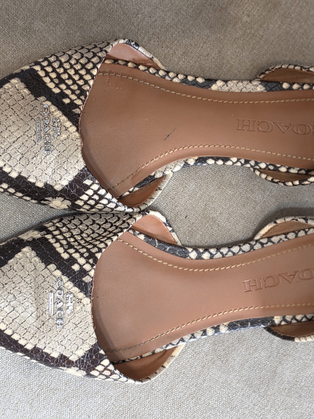 Coach Snakeskin-Print D'Orsay Flats in Cream and Black